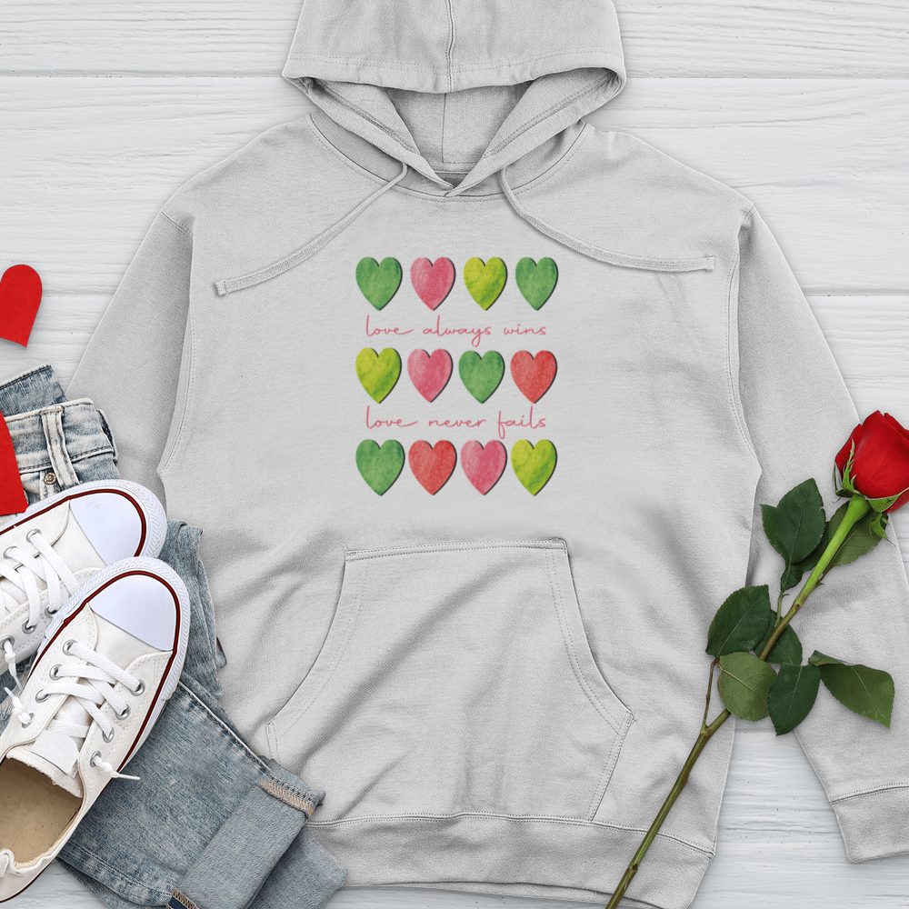 Love Always Wins Heart Pattern Midweight Hooded Sweatshirt