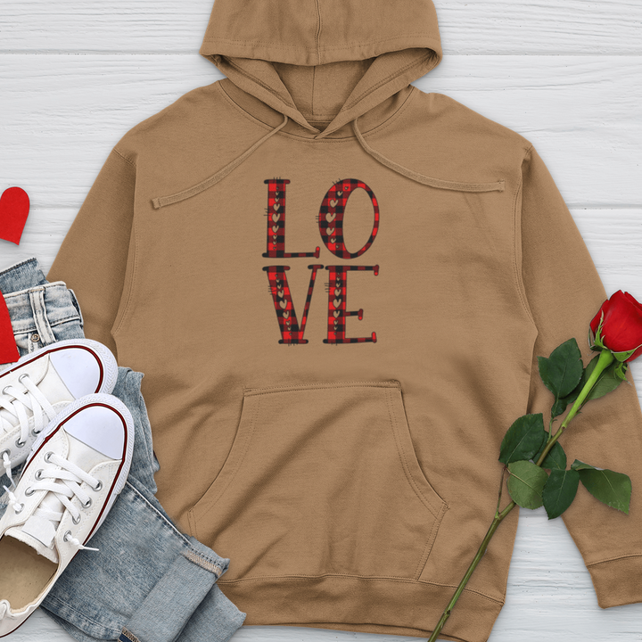 Love Checkered Pattern Midweight Hooded Sweatshirt