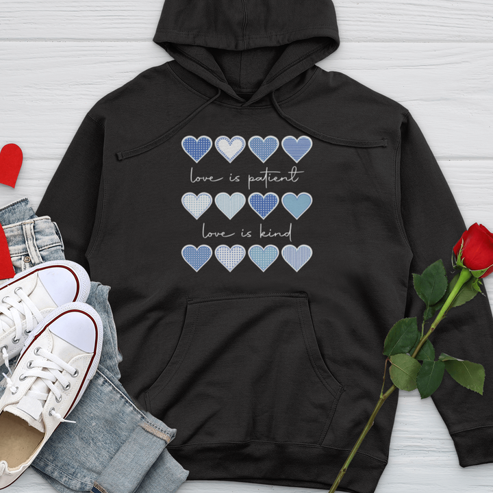 Love Is Patient Blue Hearts Midweight Hooded Sweatshirt