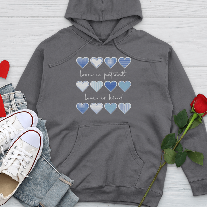 Love Is Patient Blue Hearts Midweight Hooded Sweatshirt