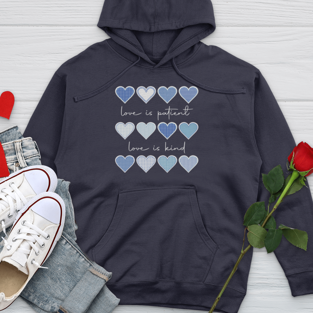 Love Is Patient Blue Hearts Midweight Hooded Sweatshirt