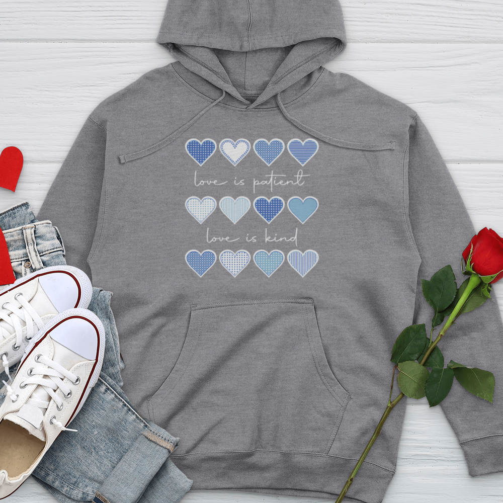 Love Is Patient Blue Hearts Midweight Hooded Sweatshirt