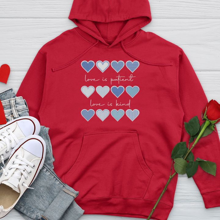 Love Is Patient Blue Hearts Midweight Hooded Sweatshirt