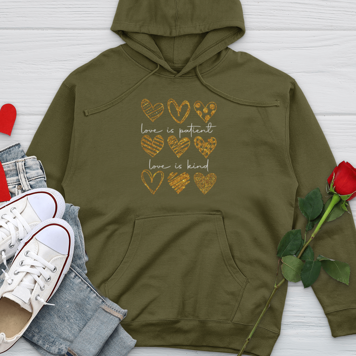 Love Is Patient Gold Hearts Midweight Hooded Sweatshirt