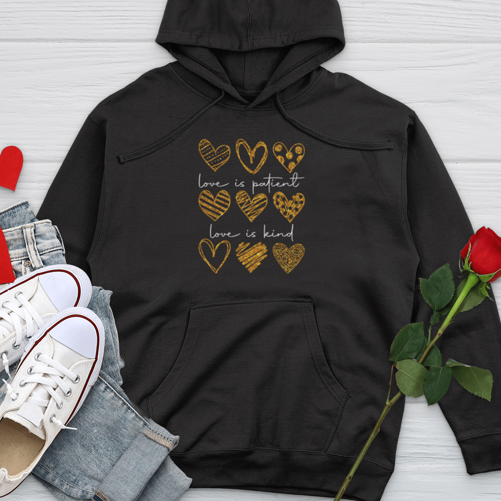 Love Is Patient Gold Hearts Midweight Hooded Sweatshirt