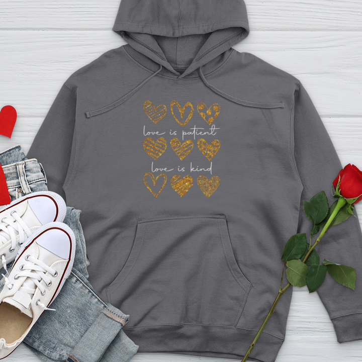 Love Is Patient Gold Hearts Midweight Hooded Sweatshirt