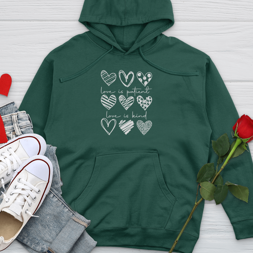 Love Is Patient Hearts Midweight Hooded Sweatshirt