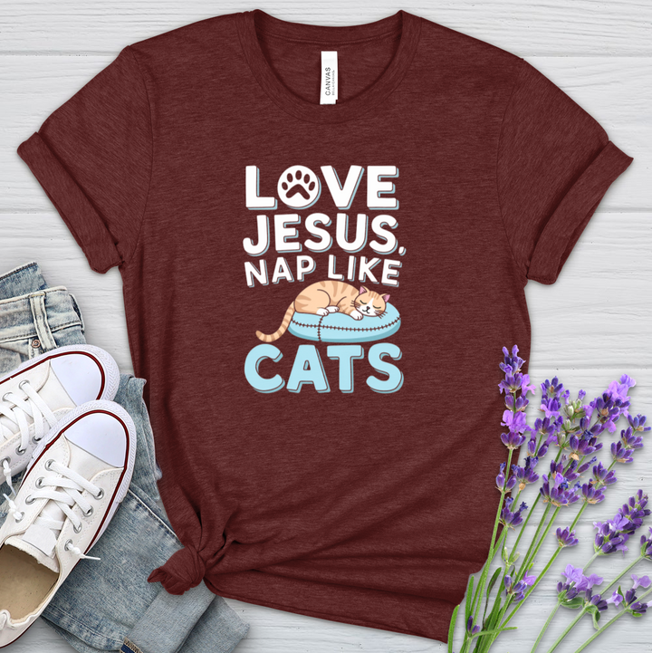 Love Like Jesus Nap Like Cats Heathered Tee