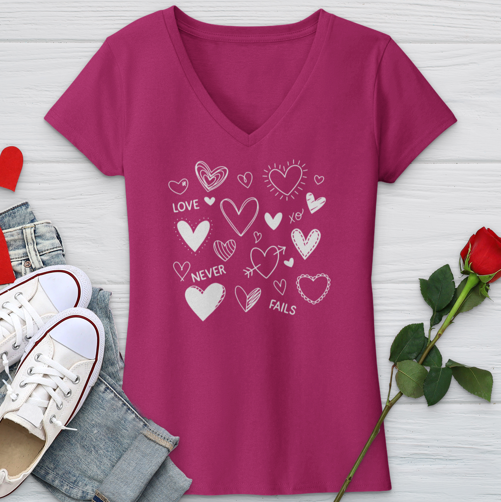 Love Never Fails Assorted Hearts V-Neck Tee