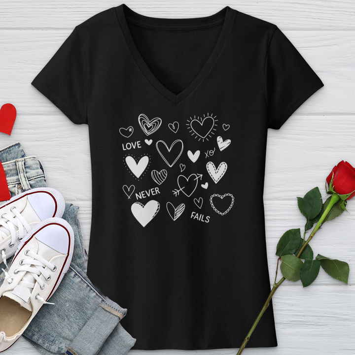 Love Never Fails Assorted Hearts V-Neck Tee