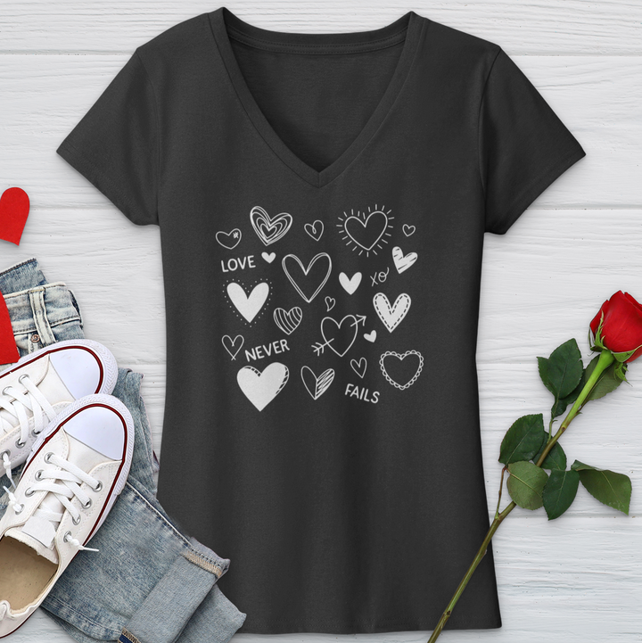 Love Never Fails Assorted Hearts V-Neck Tee