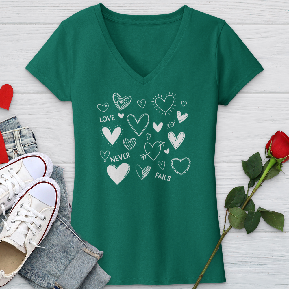 Love Never Fails Assorted Hearts V-Neck Tee