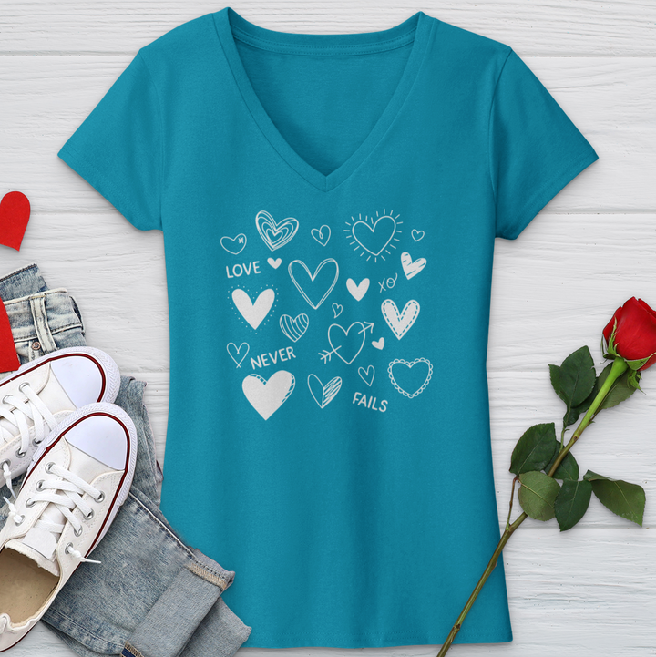 Love Never Fails Assorted Hearts V-Neck Tee