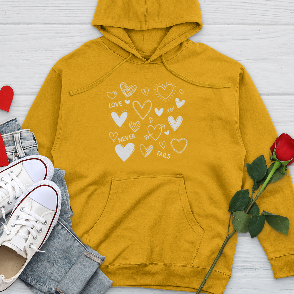 Love Never Fails Candy Hearts Midweight Hooded Sweatshirt