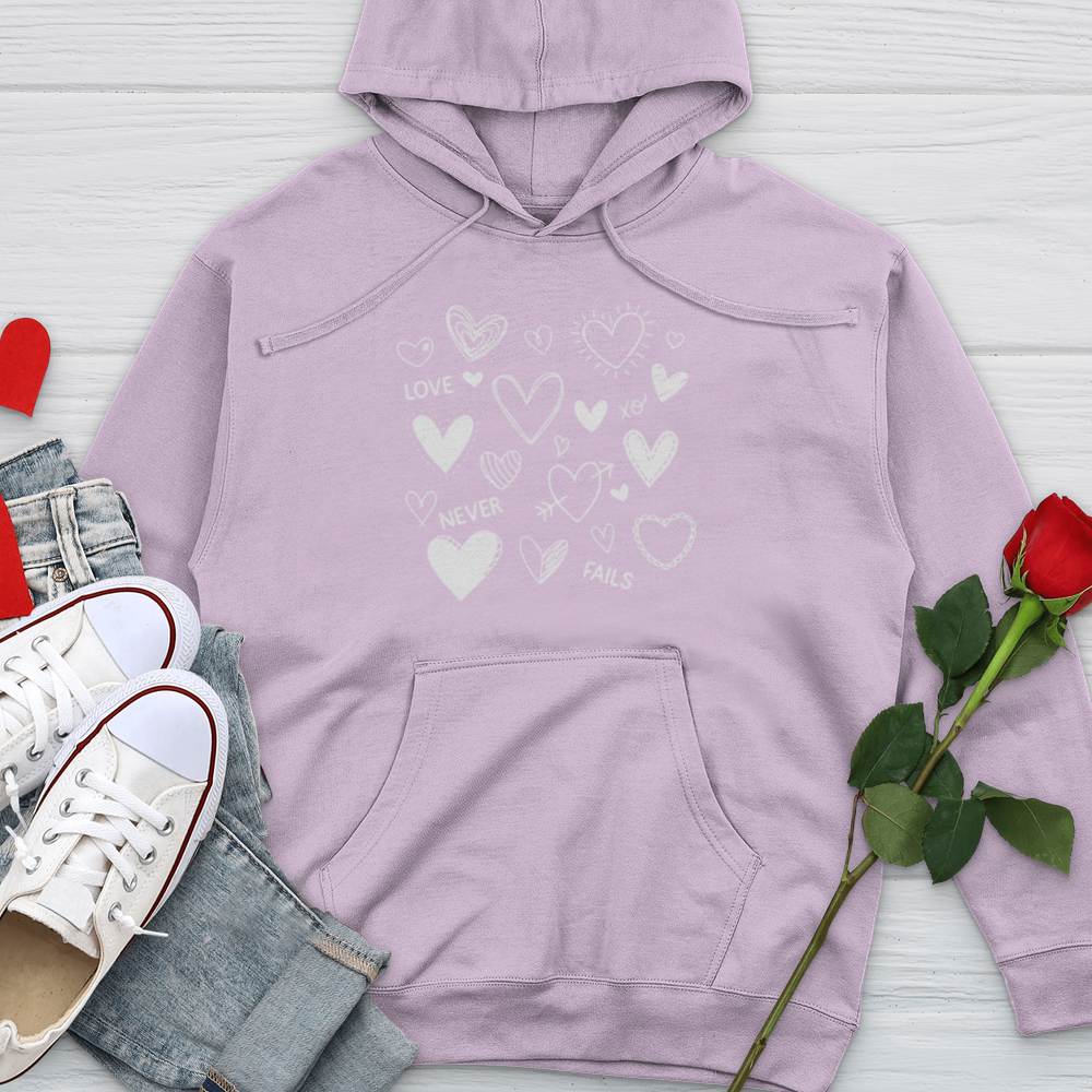 Love Never Fails Candy Hearts Midweight Hooded Sweatshirt