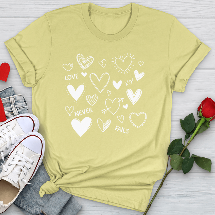 Love Never Fails Candy Hearts Softstyle Tee