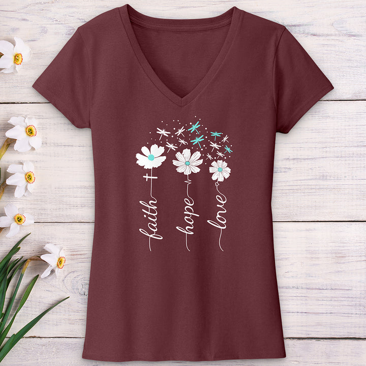 Faith Hope Love Dragonfly Floral V-Neck Tee