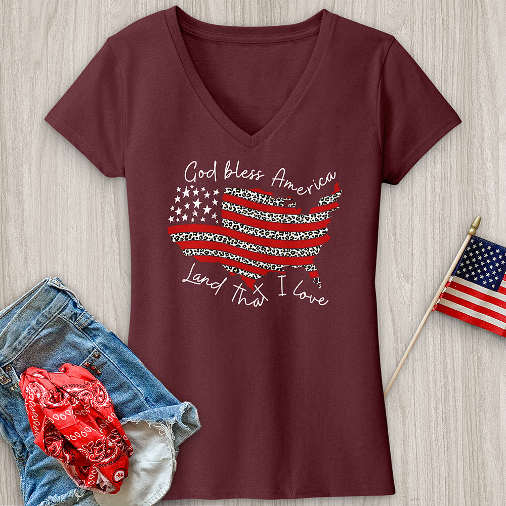 God Bless America Leopard V-Neck Tee