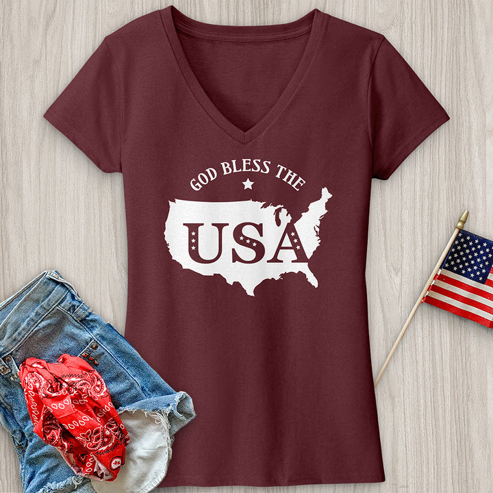 God Bless USA Outline V-Neck Tee