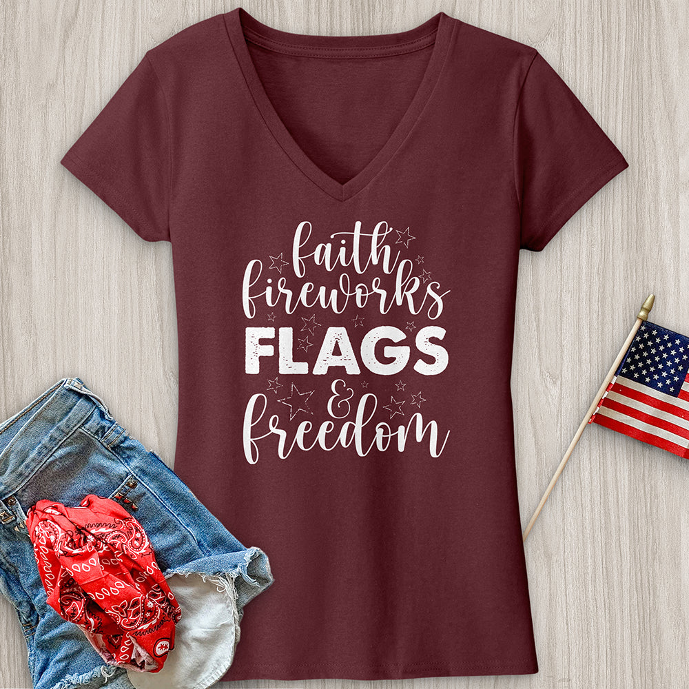 Faith Fireworks Flags & Freedom V-Neck Tee