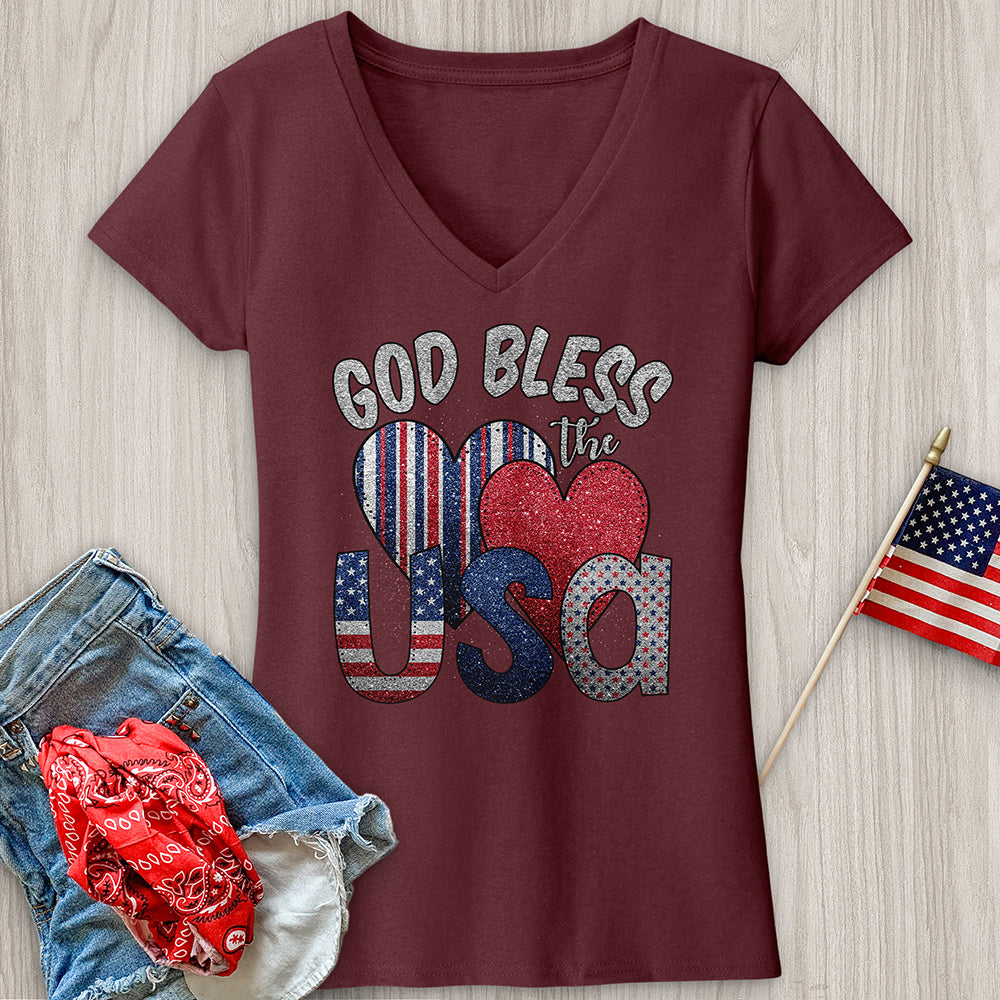 God Bless USA Sparkling V-Neck Tee