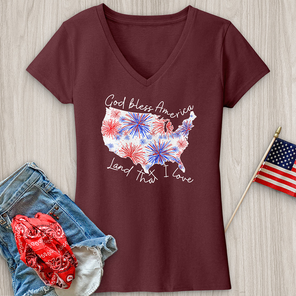 God Bless Fireworks Variation W V-Neck Tee