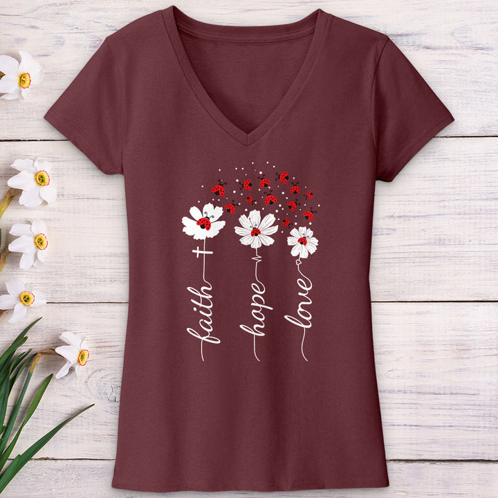 Faith Lady Bug Flowers V-Neck Tee