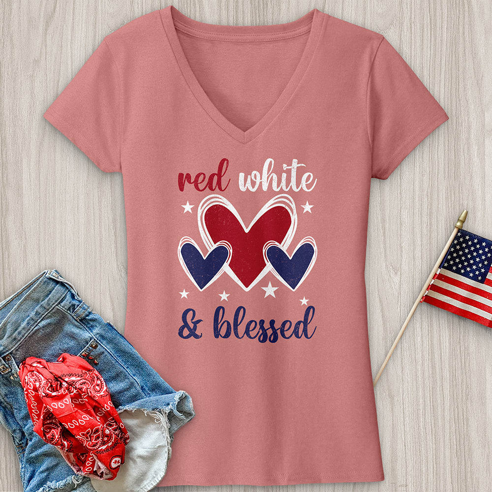 Red White Blessed Hearts V-Neck Tee