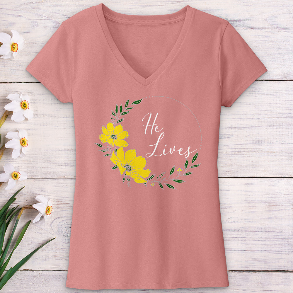 He Lives Flower Wreath V-Neck Tee