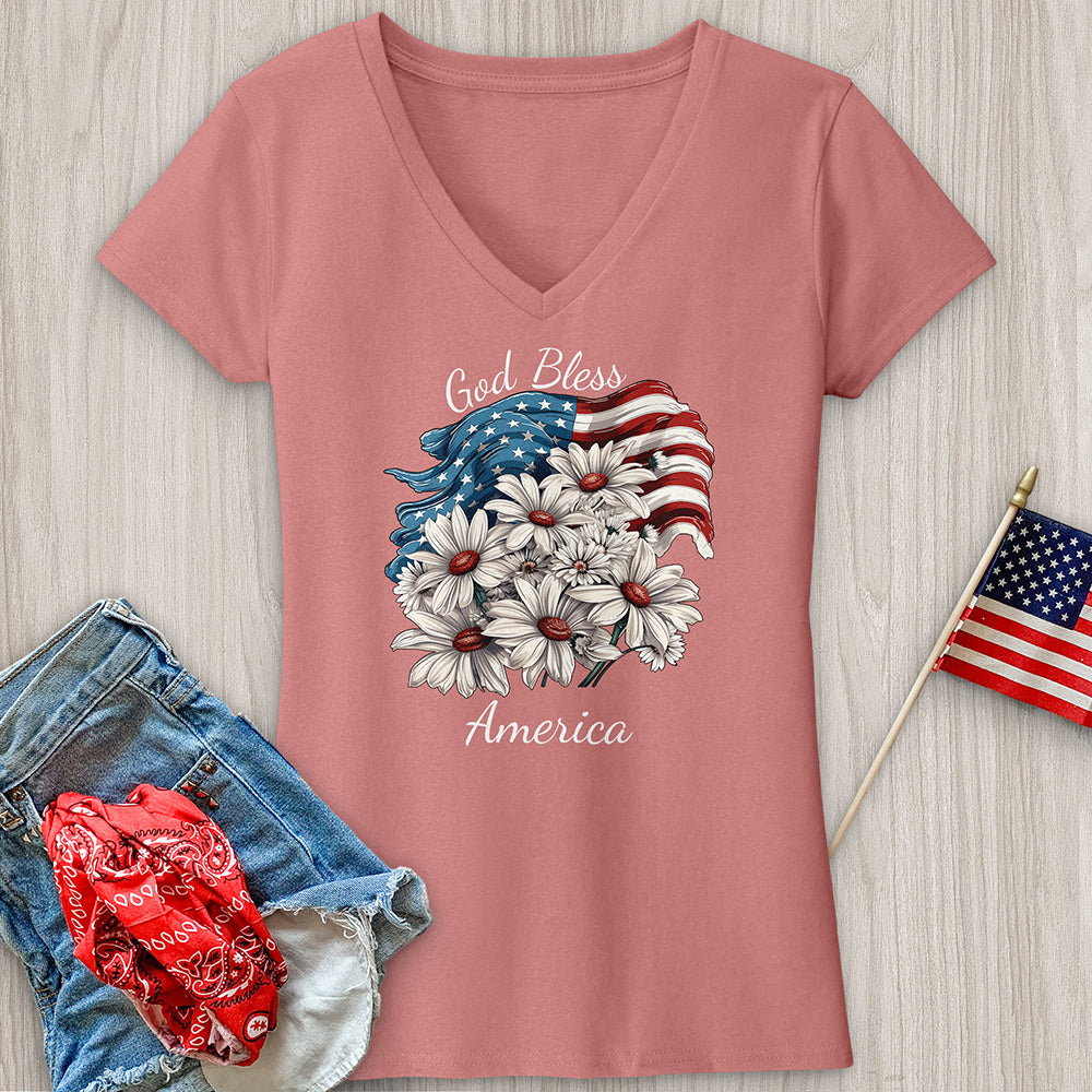 Waving American Flag With Daisies V-Neck Tee