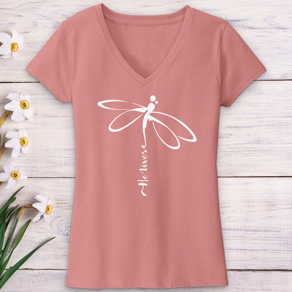 He Lives Dragonfly White V-Neck Tee