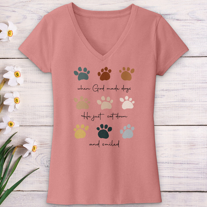 When God Created Dogs Paw Prints V-Neck Tee