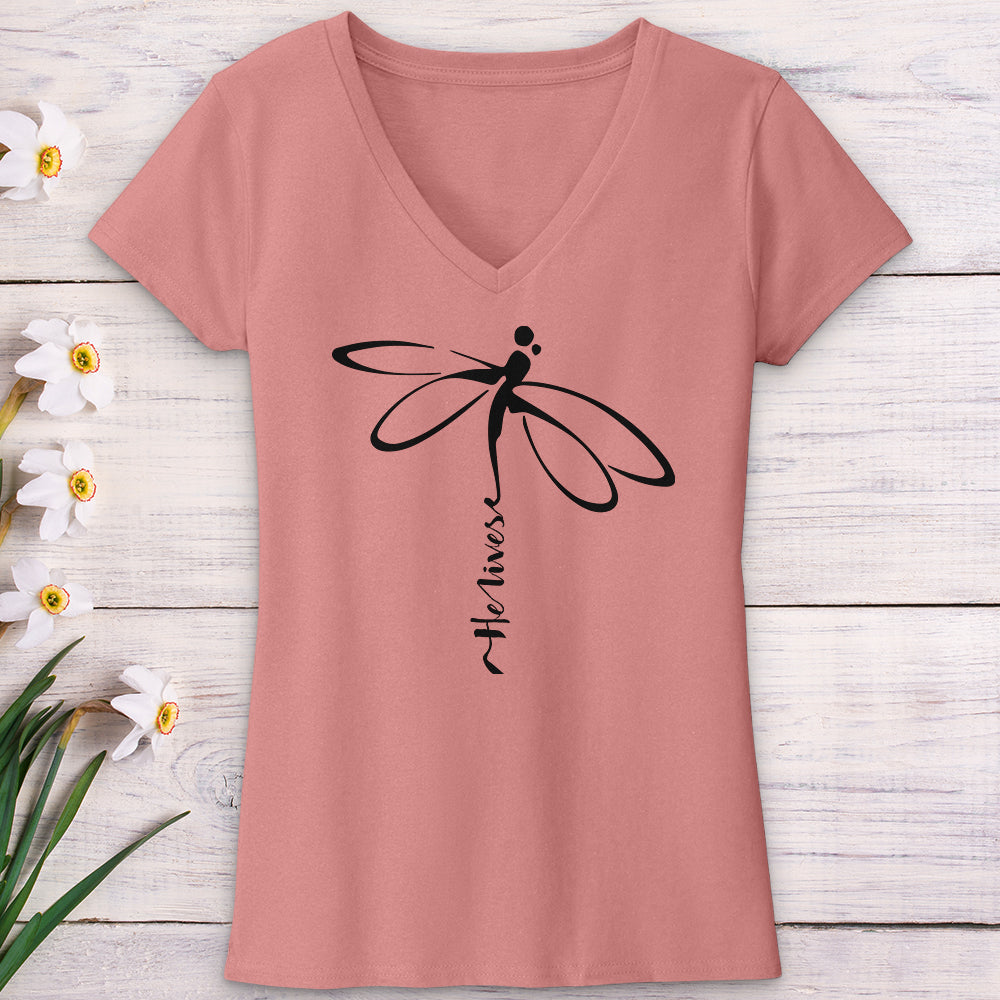 He Lives Dragonfly V-Neck Tee