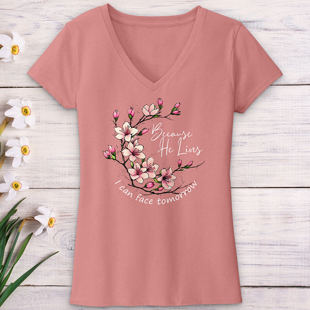 Because He Lives Pink Flowers V-Neck Tee