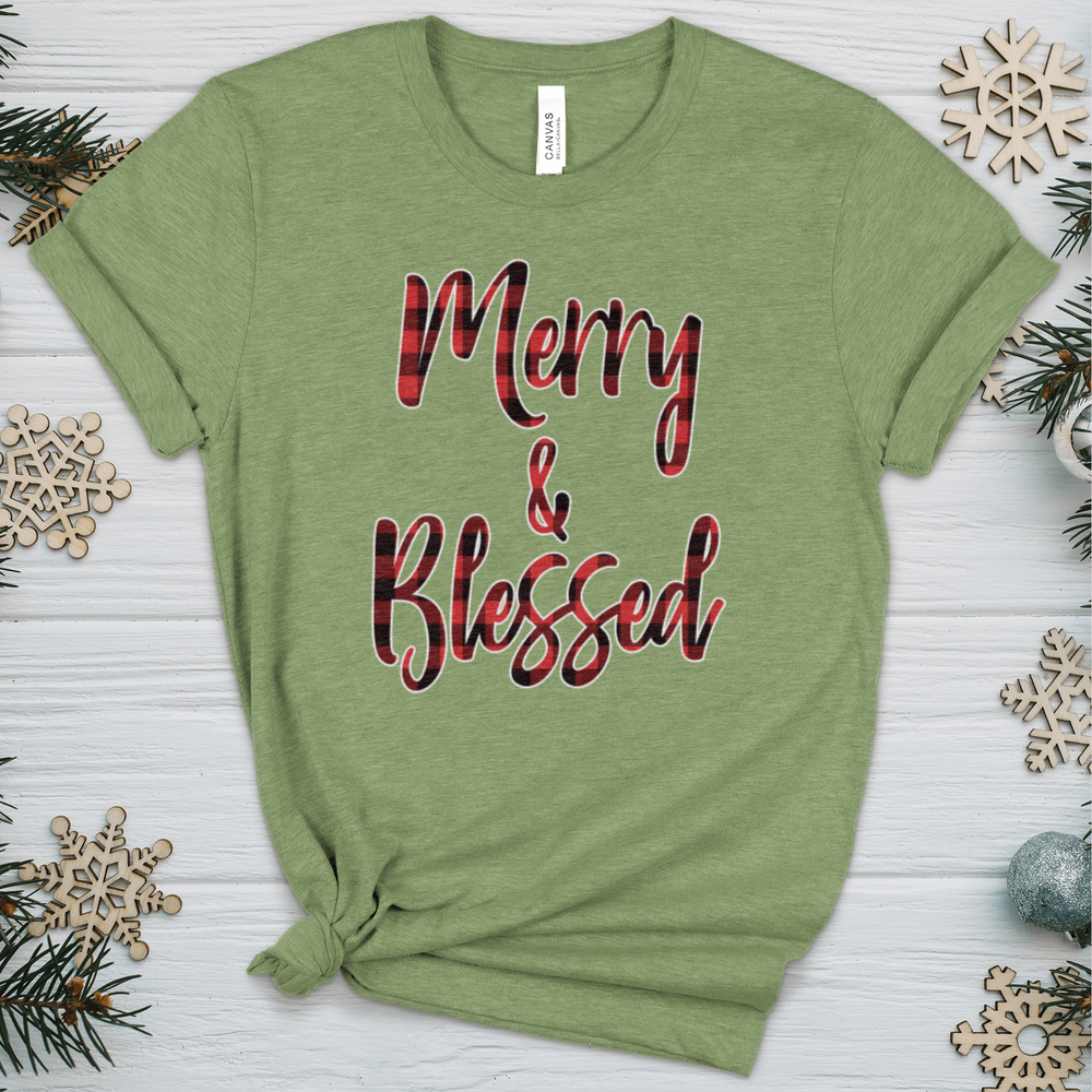 Merry & Blessed Christmas Plaid Heathered Tee