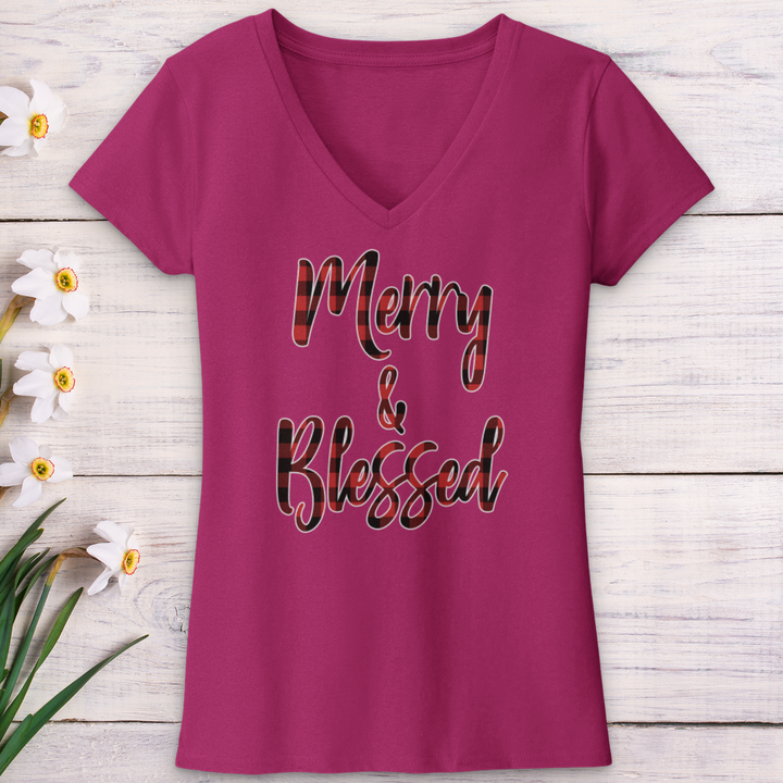 Merry & Blessed Christmas Plaid V-Neck Tee