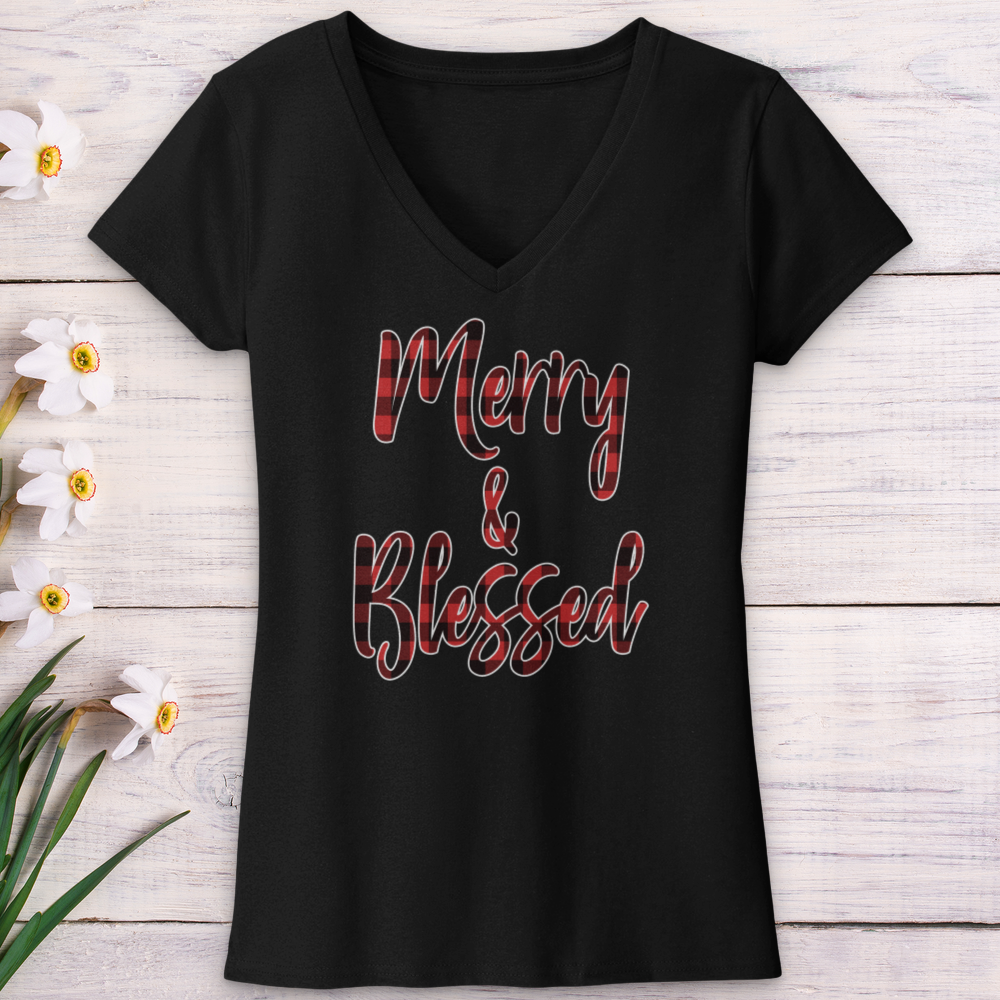 Merry & Blessed Christmas Plaid V-Neck Tee