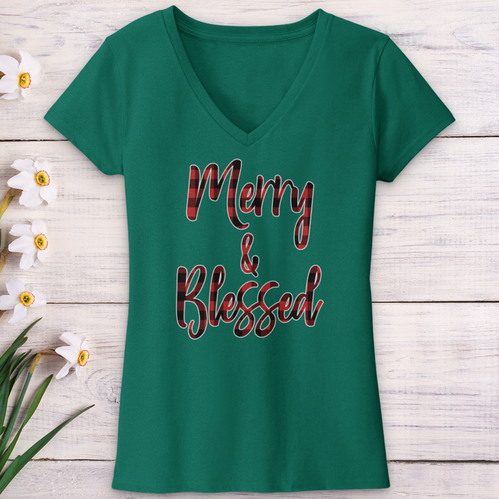 Merry & Blessed Christmas Plaid V-Neck Tee