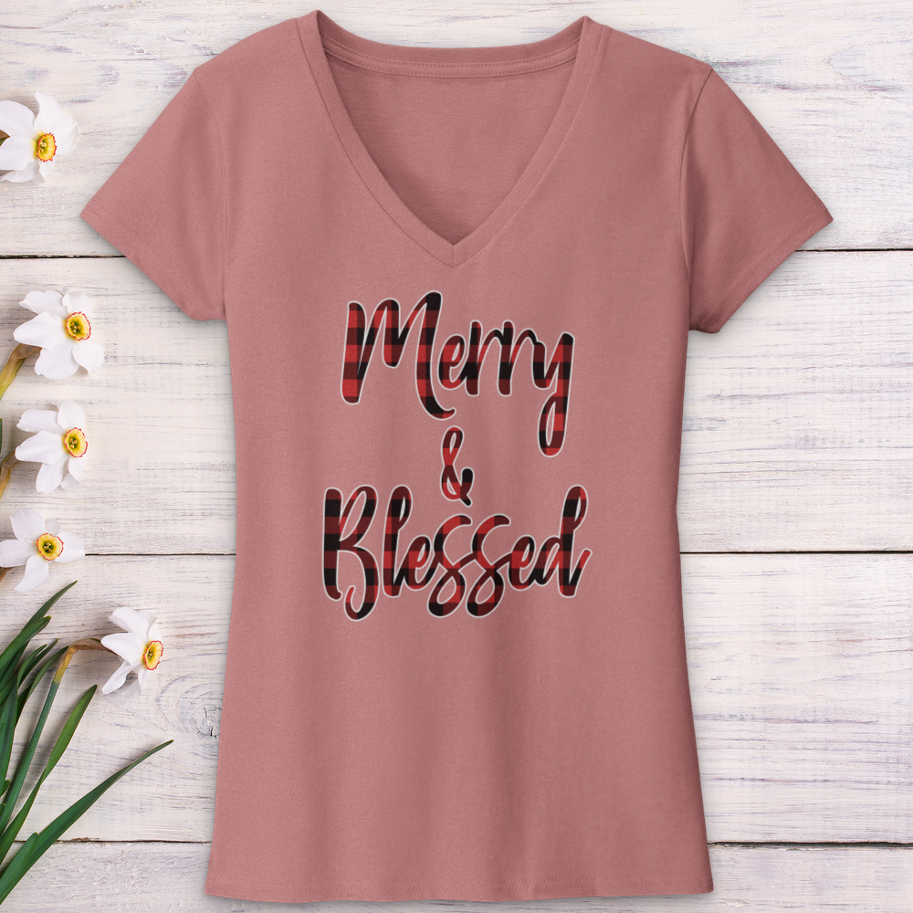 Merry & Blessed Christmas Plaid V-Neck Tee