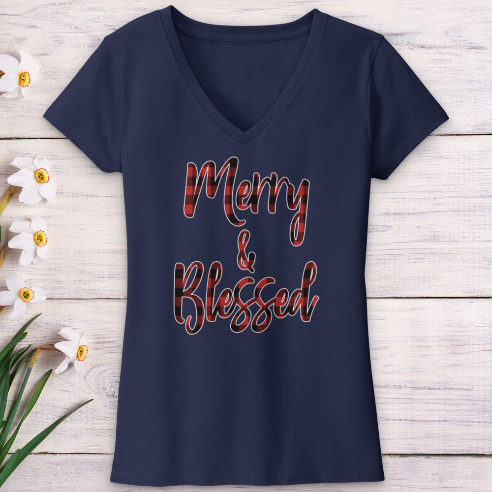 Merry & Blessed Christmas Plaid V-Neck Tee