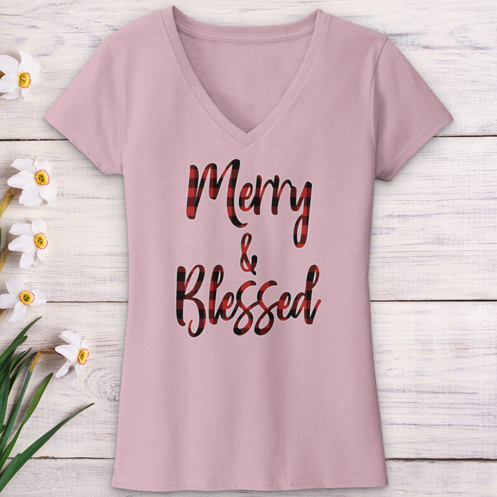 Merry & Blessed Christmas Plaid V-Neck Tee