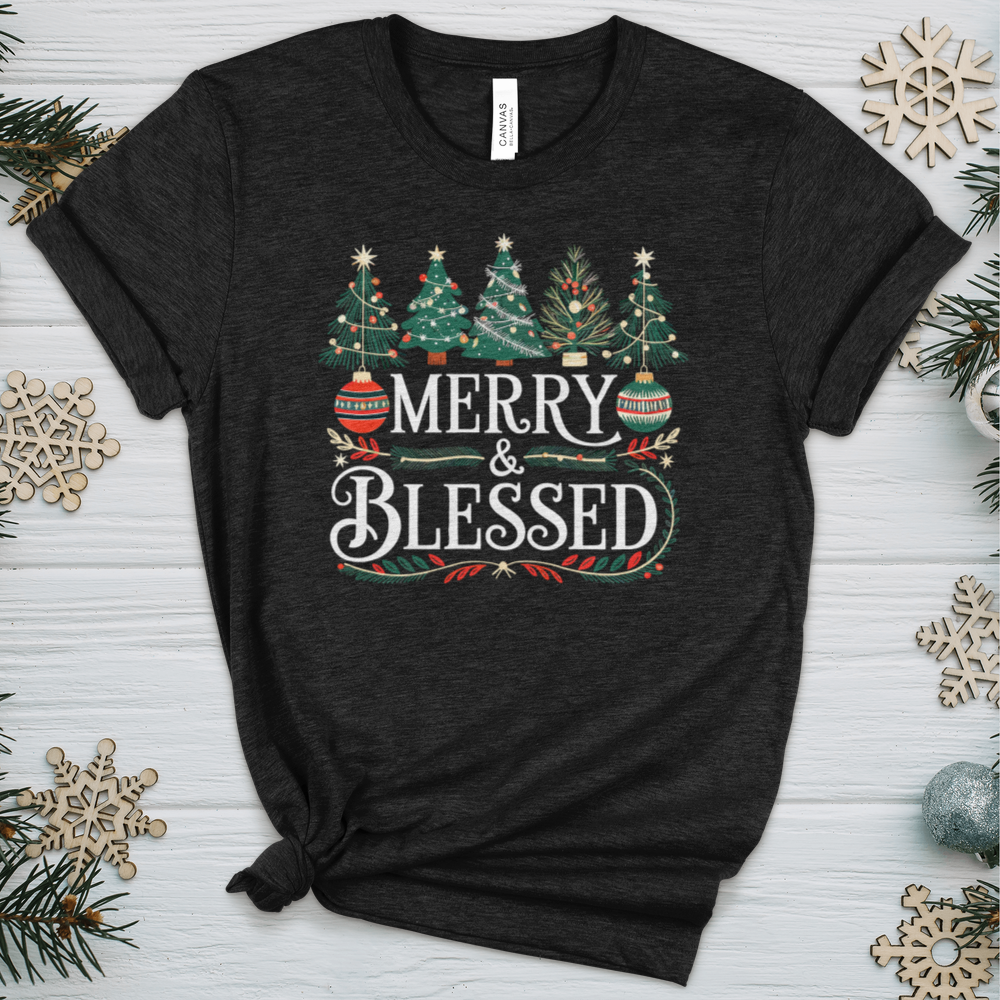 Merry & Blessed Decorative Trees Heathered Tee