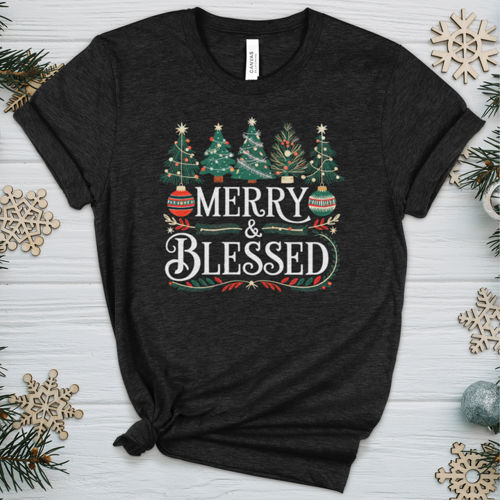 Merry & Blessed Decorative Trees Heathered Tee