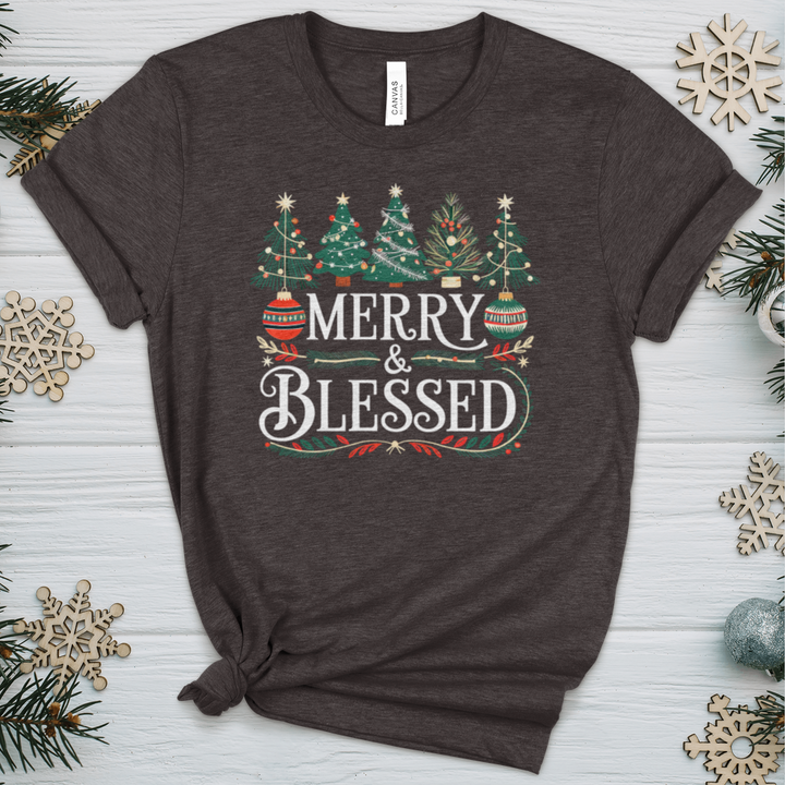 Merry & Blessed Decorative Trees Heathered Tee