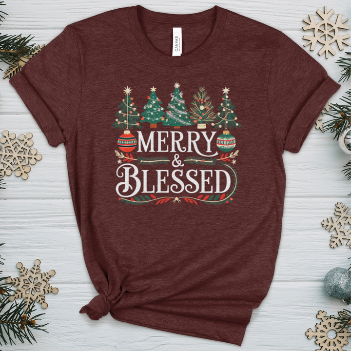 Merry & Blessed Decorative Trees Heathered Tee