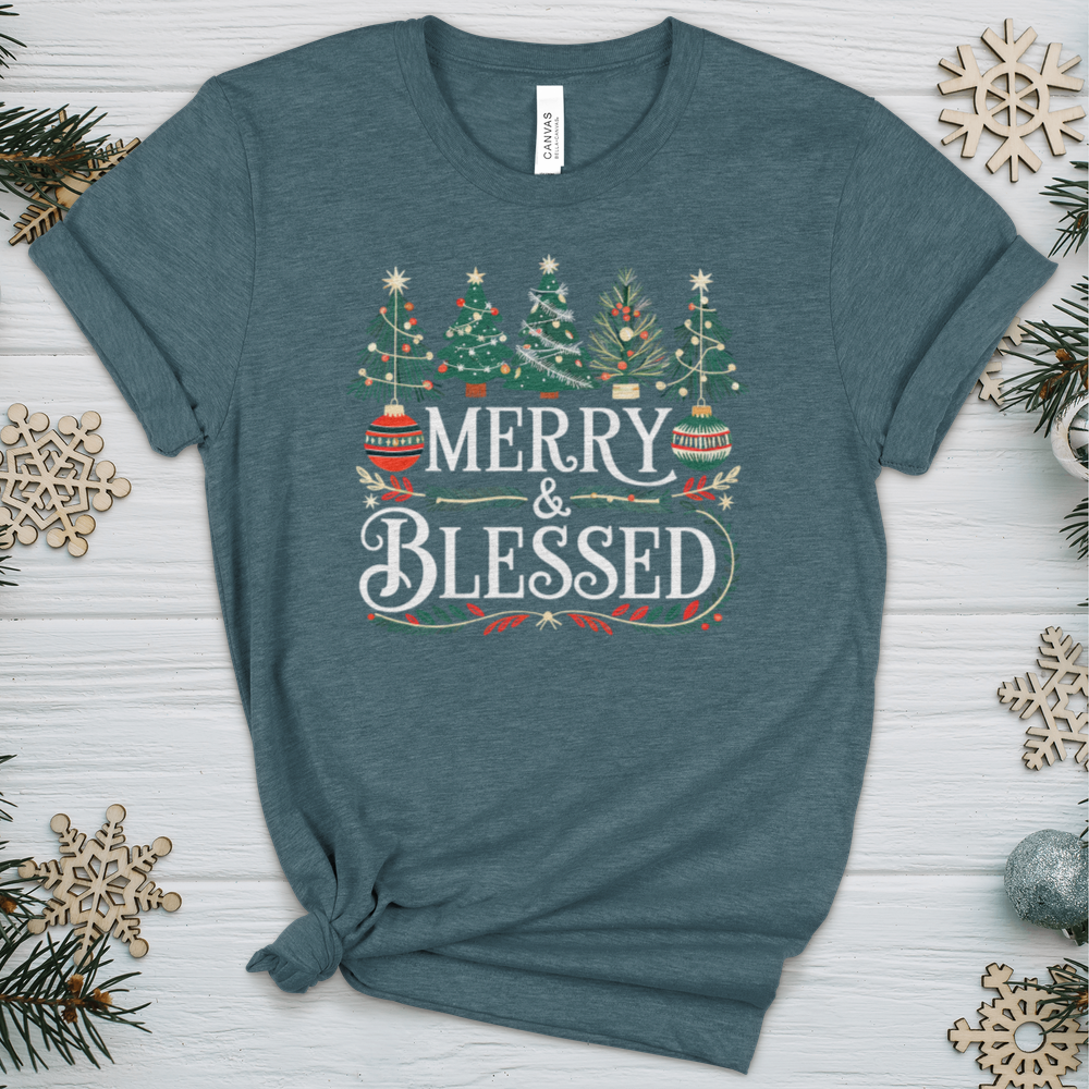 Merry & Blessed Decorative Trees Heathered Tee