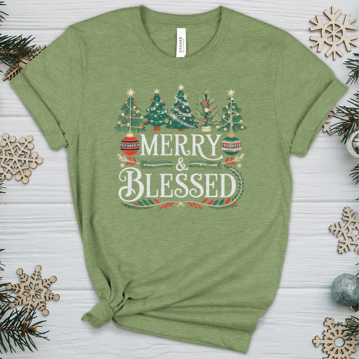 Merry & Blessed Decorative Trees Heathered Tee