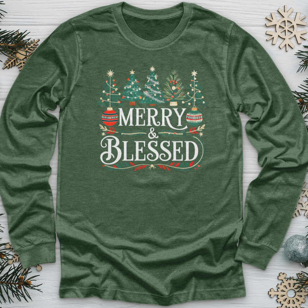 Merry & Blessed Decorative Trees Long Sleeve Tee