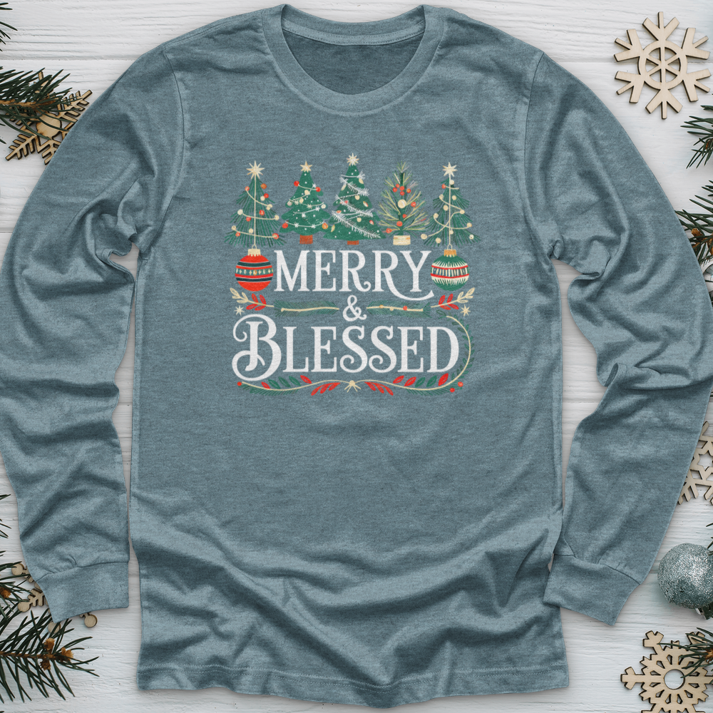 Merry & Blessed Decorative Trees Long Sleeve Tee