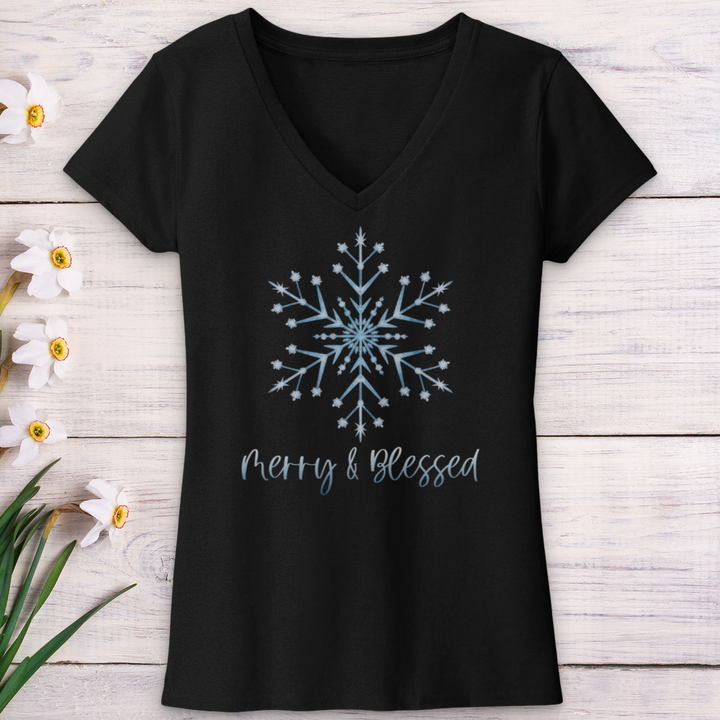 Merry & Blessed Frozen Snowflake V-Neck Tee